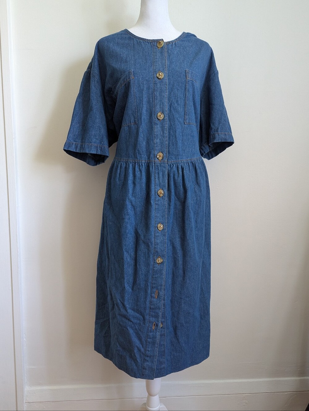 Vintage 90s Blue Denim Button Front Midi Shirt Dress 3X Teacher Utility